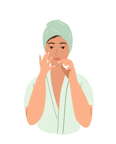 젊고 아름다운 여성은 Facionyoga.Face Building Exercise. Lady massaming face.Beauty Procedure.Acphince anti-aging self care.Anti-age skin care method.Vector flat illustration isolated on white — 스톡 벡터