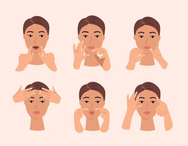 Face Massage.Yoga, Gymnastics, rejuvenating exercises for Face Muscle.Beauty Procedure.Acphilan anti-aging self-care method. 여자는 손으로 얼굴 요가를 만든다. Vector Flat Illustration — 스톡 벡터