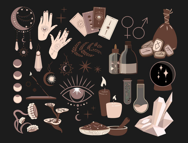 Witch magic symbols collection set.Esoteric,boho mystical elements,magic witchcraft crystal,eye,moon,tarot cards,runes,fortune telling vector illustration icons.Alchemy , esoteric,witchcraft magician