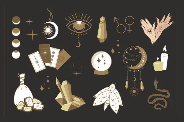 魔法符号集合。异端的，神秘的boho神秘元素，魔法魔法水晶，眼睛，月亮，塔罗牌，在黑色背景上运行矢量图标。异性恋，巫术魔术师 — 图库矢量图片