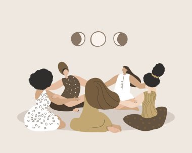 Mysterious Magic Female Circle.Women Round,Girls hold hand together.Esoterics Witches.Sacred Woman Group Power.Feminine Meeting,Female Empowerment Energy Union.Advertisement,Flat Vector Illustration clipart