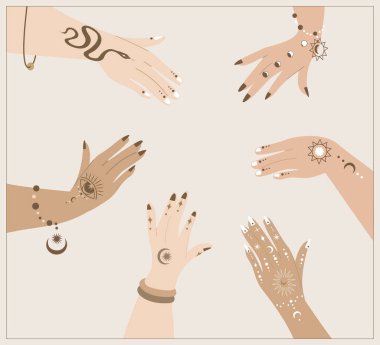Süslü Henna Mehendi Resim Çemberi 'ne sahip kadın avuçlar. Kadın Yuvarlak elleri. Esrarengiz Hint Biçimi. Kadın Grubu Gücü. Kadın Buluşması, Kadın Güçlendirme Enerjisi Sendikası.