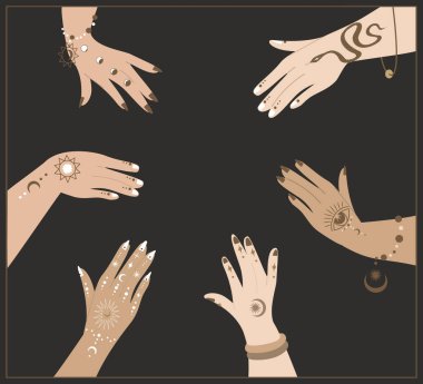 Süslü Henna Mehendi Resim Çemberi 'ne sahip kadın avuçlar. Kadın Yuvarlak elleri. Esrarengiz Hint Biçimi. Kadın Grubu Gücü. Kadın Buluşması, Kadın Güçlendirme Enerjisi Sendikası.