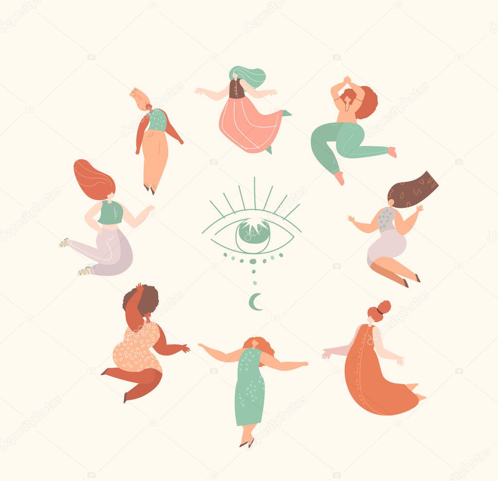 Female Esoterics Witch Space.Magician Women Circle Dancing around Eye of Providence,Self Knowledge.Ritual dance together.Esoterics Sacred Woman Power.Female Empowerment Energy.Flat Vector Illustration
