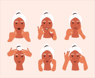 Yüz masajı kolajı. Emekli olmuş yaşlı, rahat kadın yüz kasları için yoga yapıyor. Elf masajı, gençleştirme egzersizi. Kadın yüzüne masaj yapıyor.