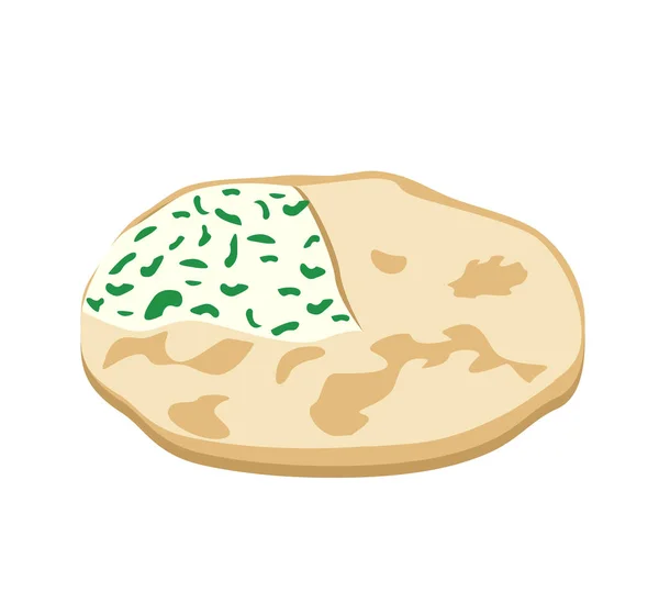 伝統的なオセアニア料理やダゲスタニ コーカサス フラットブレッド カッテージチーズ 緑でいっぱいの焼きパン 白い背景に孤立したフラットベクトルイラスト — ストックベクタ