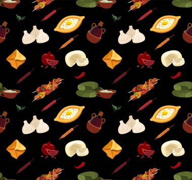 Gürcistan mutfağı: Kusursuz Menü. Geleneksel Gıda Sonsuz Özgeçmişi. Farklı yemekler Tekstil Yazısı. Adjarian Khachapuri, khinkali, shashlik, dolma.Düz Vektör çizimi siyah arkaplan