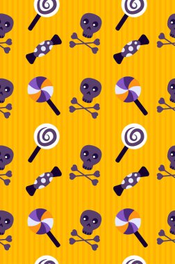 Cadılar Bayramı Kusursuz Düzeni. Kafatası, Kemik, Şeker, Şeker, Şekerleme, Lolipoplar ile Sonsuz Parlak Özgeçmiş. Azizler Günü Banner Kafatası Tebrik Kartı. Mutlu Cadılar Bayramı. Tekstil Baskısı. Ürkütücü Vektör Resimleri.