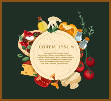 Yuvarlak ahşap gıda içerikli pizzacılar için reklam afişi, metin için yer. Menü restoranı veya kafe için Organik Yemek Yayın Alanı Poster Menüsü. Renkli Yeşil Vektör illüstrasyonu