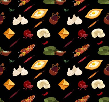 Gürcistan mutfağı: Kusursuz Menü. Geleneksel Gıda Sonsuz Özgeçmişi. Farklı yemekler Tekstil Yazısı. Adjarian Khachapuri, khinkali, shashlik, dolma.Düz Vektör çizimi siyah arkaplan