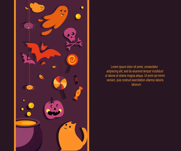 Happy Halloween Banner Party Invitation.Bright Grußkarte. Lustige Katze, Kürbis, Geister, Fledermäuse, Schädel, Siedekessel. Text handschriftliche Kalligraphie. Halloween Feier Poster.Flat Vector Illustration — Stockvektor