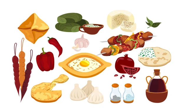 Georgische keuken Food Set.Verschillende gerechten.Verschillende Cheese adjarian khachapuri, khinkali, shashlik, pkhali, dolma, gerechten, barbecue.Zout, peper shakers.Flat Vector illustratie geïsoleerd op witte achtergrond — Stockvector