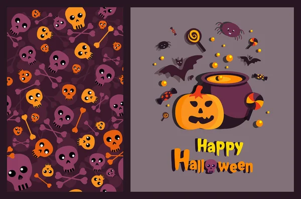 Helles Grußkartenset Für Halloween Nahtlose Endlose Muster Illustration Lustiges Gespenst — Stockvektor