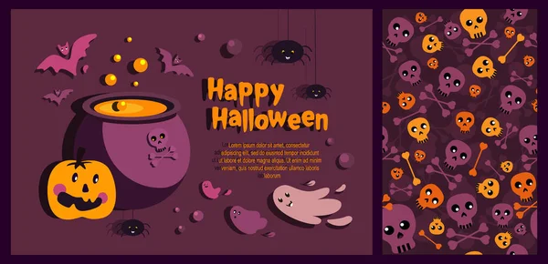 Halloween Helles Set Von Grußkarte Nahtlose Endlose Pattern Funny Ghost — Stockvektor