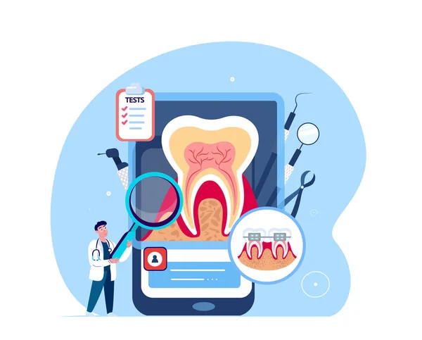 Dentysta Naukowiec Stomatolog Lekarz Zbadaj Korzenie Zębów Nerwy Smartphone Stomatologiczny — Wektor stockowy