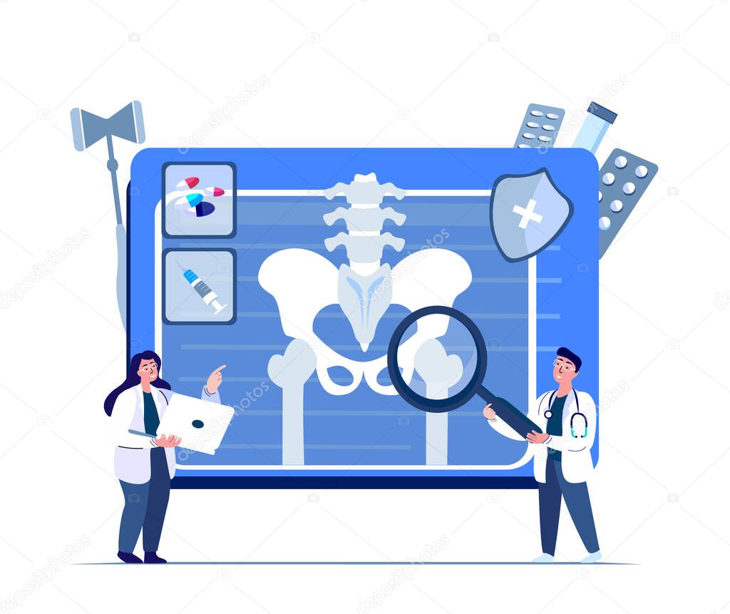 Spesialists traumatologist orthopedist Doctors Surgeons Examine Hip Joint Pain.Arthoplasty,Osteoarthritis Research.Clinical Investigation.Online Medical Council Diagnostics.Digital Vector Illustration