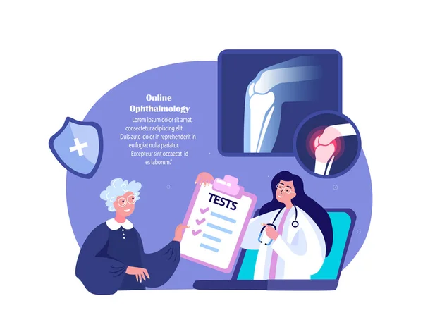 Online Rheumatologe Traumatologe Orthopäde Arzt beraten alte Rentnerin Patientin. Schmerzen im Kniegelenk. Rentner Arthoplastik, Arthrose Entzündung.Digital Hospital.nVector Illustration — Stockvektor