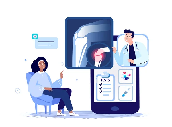 Online Traumatoloog Man Orthopeed Arts Consultate Woman Patient.Pain in Knie gewrichtsontsteking, Osteoartritis Diagnostics Checkup.Internet Treatment.Digital Medical Hospital.Vector Illustratie — Stockvector