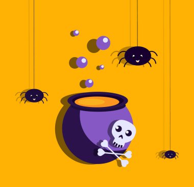 Cadılar Bayramı Parlak Sancağı ya da Parti Davetiyesi. Kaynayan Kazan 'lı Tebrik Kartı, Turuncu Arkaplanda Komik Örümcekler. Mutlu Cadılar Bayramı Kutlama Posteri. Düz Tasarım. Azizler Günü Vektör İllüstrasyonu