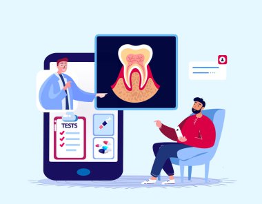 Çevrimiçi Stomatolog, Dişçi, Ortodontist Doktor Danışmanlık Hastası. Diş, Diş Hekimliği, Diş Diş Hekimliği, Diş Hekimliği Kontrolü. İnternet Tedavisi. Dijital Tıp Hastanesi Teşhisi. Düz Vektör İllüstrasyonu