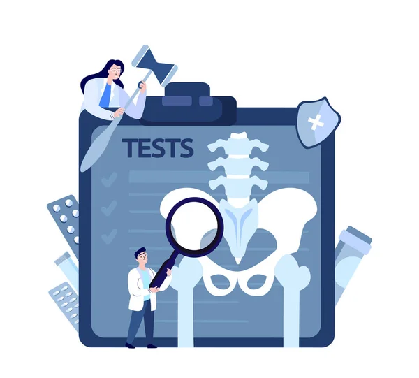 Vertebrologist Orthopedic Scientists Doctors ExamineExamine el dolor en las articulaciones de la cadera.Arthoplasty, Osteoarthritis Research.Clinical Investigation.X Ray, Rontgen Tests.Medical Council Diagnostic.Vector Illustration — Archivo Imágenes Vectoriales