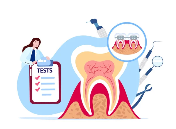 2018 년 4 월 1 일에 확인 함 . Woman Dentist with tests of Dental Health Tooth Vector Illustration.Female Professional with Stomatology Drill Instrument Tools.Toothache and Braces Treatment.Tooth Caries Checkup Recovery Implant — 스톡 벡터