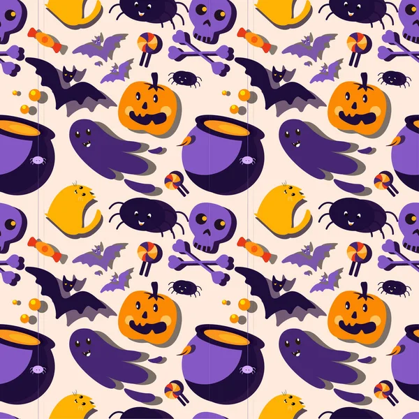 Happy Halloween festliche nahtlose Pattern.Endless Background.Banner, Party Invitation.Bright Grußkarte mit lustigen Geistern, Fledermaus, Spinnen.Happy Halloween Feier Poster.Flat Design Vector Illustration — Stockvektor