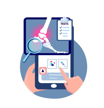 Çevrimiçi Dokunmatik Romatoloji Ortopedi Travmatik Cerrahi Mobil Uygulama Akıllı Telefon X Ray Radyografi. Ayak bileği Ağrısı, ayak eklem iltihabı. Rontgen Testleri. İnternet Tanılama. Vektör İllüstrasyonu