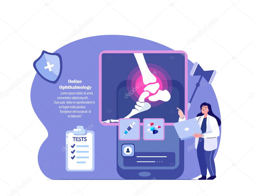 Scientist,traumatologist orthopedist Doctor Examine Ankle,foot arthritis.Arthoplasty,Osteoarthritis.Rheumatology Research.Smartphone Bones X Ray Radiography,Rontgen.Medical Diagnostics Illustration