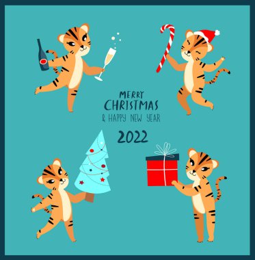 Şirin Çizgi Film Kaplanları, Kediler Kutlama Kartları. Noel Festivali Öznitelikleri ile yeni yıl. Çin Yeni Yıl Sembolleri. Bayram Hayvanları Set.Takvim Tasarımı, Kartlar, Reklamlar. Vektör ilülasyonu