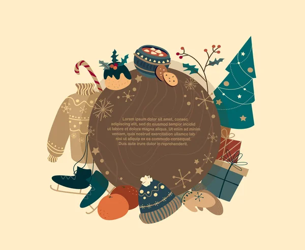 Feliz Año Nuevo, Feliz Navidad Vector Ronda Poster.Flyer, Plantilla de la bandera, elementos advertisment.Xmas, tarjetas de felicitación de vacaciones de diseño, invitaciones de Feliz Navidad, Feliz Año Nuevo, vacaciones de invierno de temporada — Archivo Imágenes Vectoriales