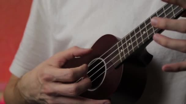 Close-up de homens mão jogando ukulele em t-shirt branca — Vídeo de Stock