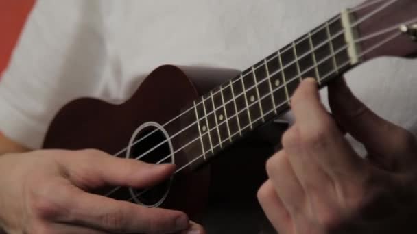 Close-up van mans hand spelende ukelele in wit t-shirt — Stockvideo