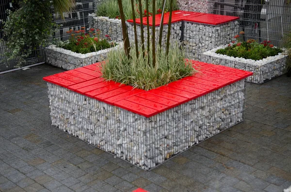 Pots Ornamental Plants Made Gabion Landscape Design Zdjęcie Stockowe