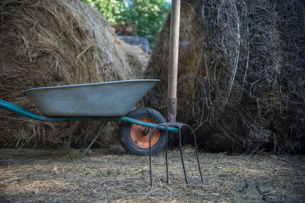 Çiftlikteki saman balyasının yanında bir bahçe arabası ve bir yaba..