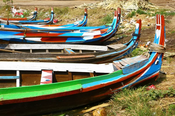 Bunte Boote Auf Dem Irrawaddy River Myanmar — Stockfoto