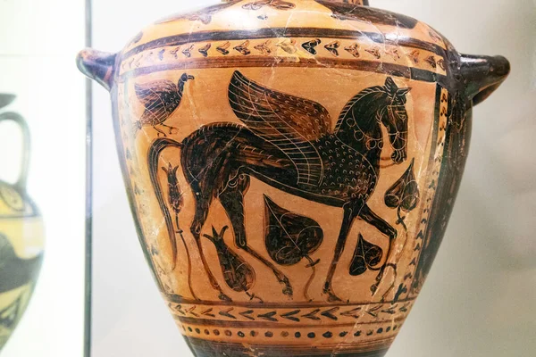 Gevleugeld Paard Geschilderd Oude Etruskische Vaas — Stockfoto