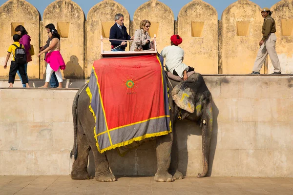 Turistler ve Amber fort fil — Stok fotoğraf