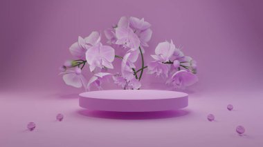3D rengarenk orkide arkaplan moru. Geometrik şekilli podyum. Ürün gösterimi için minimum konsept..