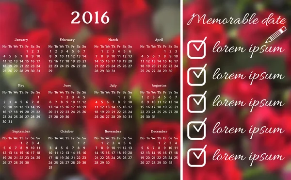 Calendar 2016 vector four seasons, Monday the first European Week — 图库矢量图片