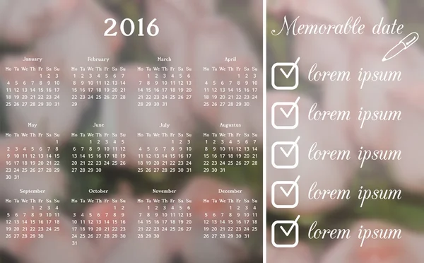 Calendar 2016 vector four seasons, Monday the first European Week — 图库矢量图片