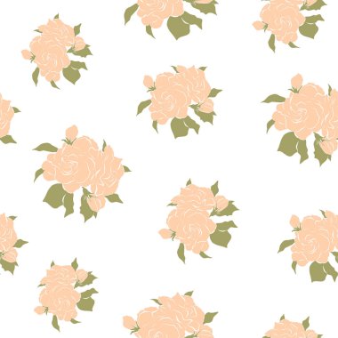 Yumuşak renk çiçekleri ve yeşil yaprakları olan kusursuz bir desen.