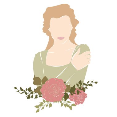 Soyut kızlar pembe çiçekli ve yeşil dallı yüzler