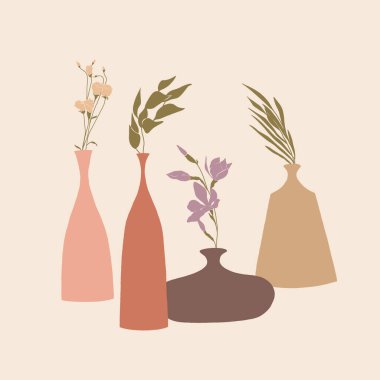 Dalları ve çiçekleri yumuşak renklerde olan vazoların tasviri