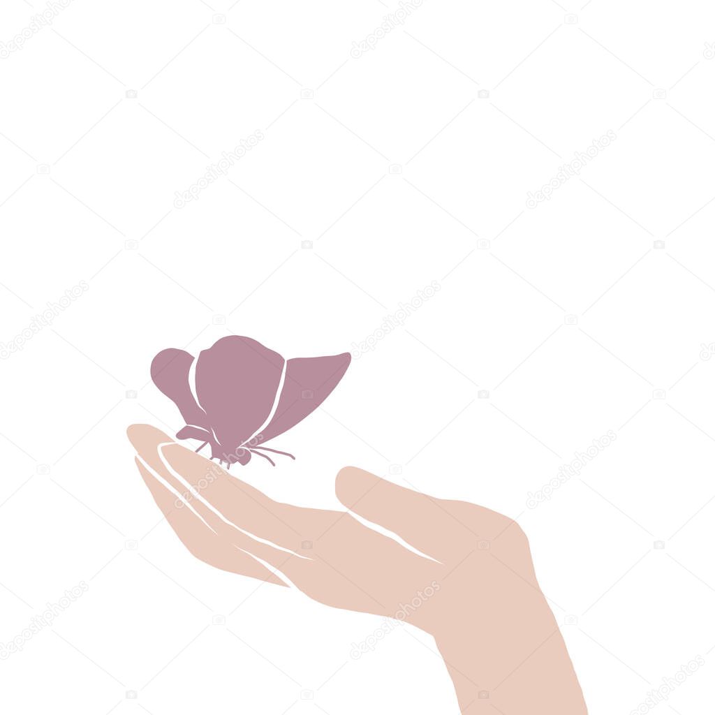 Illustration of purple butterfly sitting on the hand
