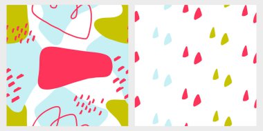 İki dikişsiz doku seti, aynı renkte desenler, farklı yeşil, açık mavi ve pembe renkler. Modern desenlerin koleksiyonu