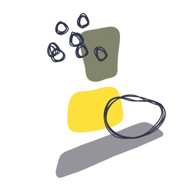 Sarı, gri, yeşil şekilli ve koyu mavi karalamalı modern poster.