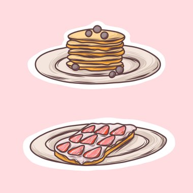 Yemek etiketleri, el yapımı krepler, çilekli ekmek. 