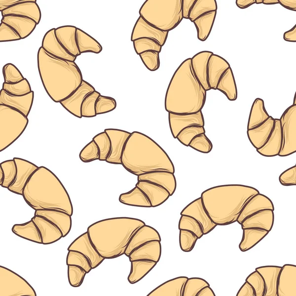 Motif Vectoriel Sans Couture Avec Croissants Savoureux Dessinés Main — Image vectorielle