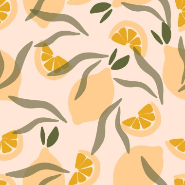 Soyut dikişsiz desende limon meyveleri, boş elle çizilmiş limonlar, dilimler.